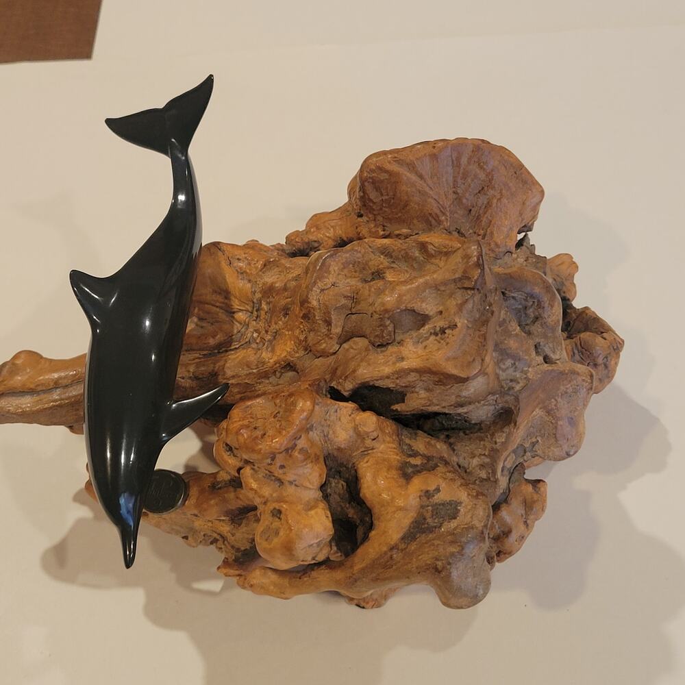 Vintage John Perry Black Dolphin Sculpture on Burl Wood Base Pellucida Resin